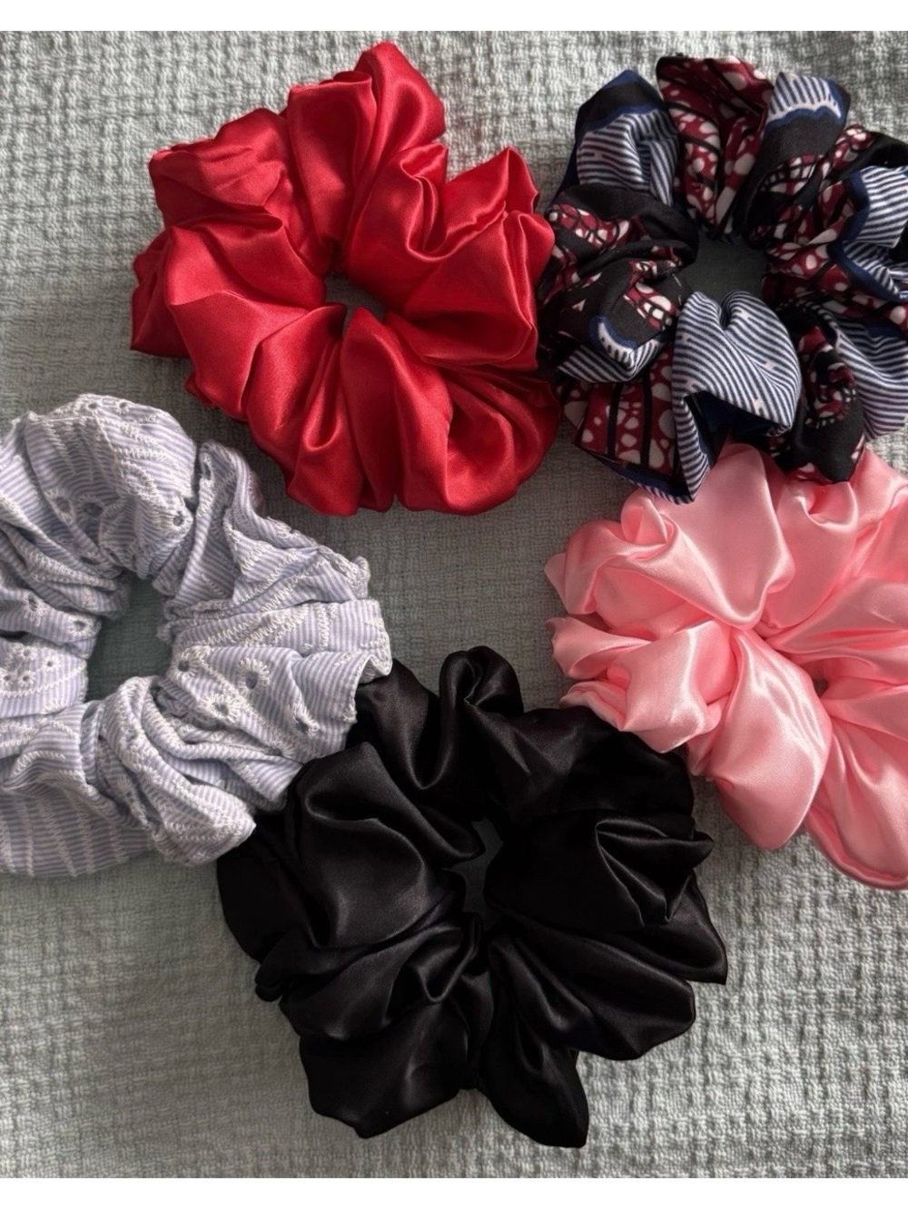Assorted Satin & Knit Scrunchie Set - Pink, Red, Black, Blue